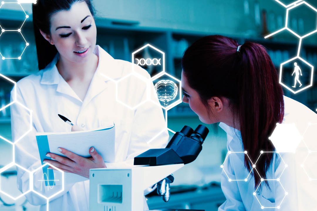 Science and medical graphic against lab partners discussing about their results